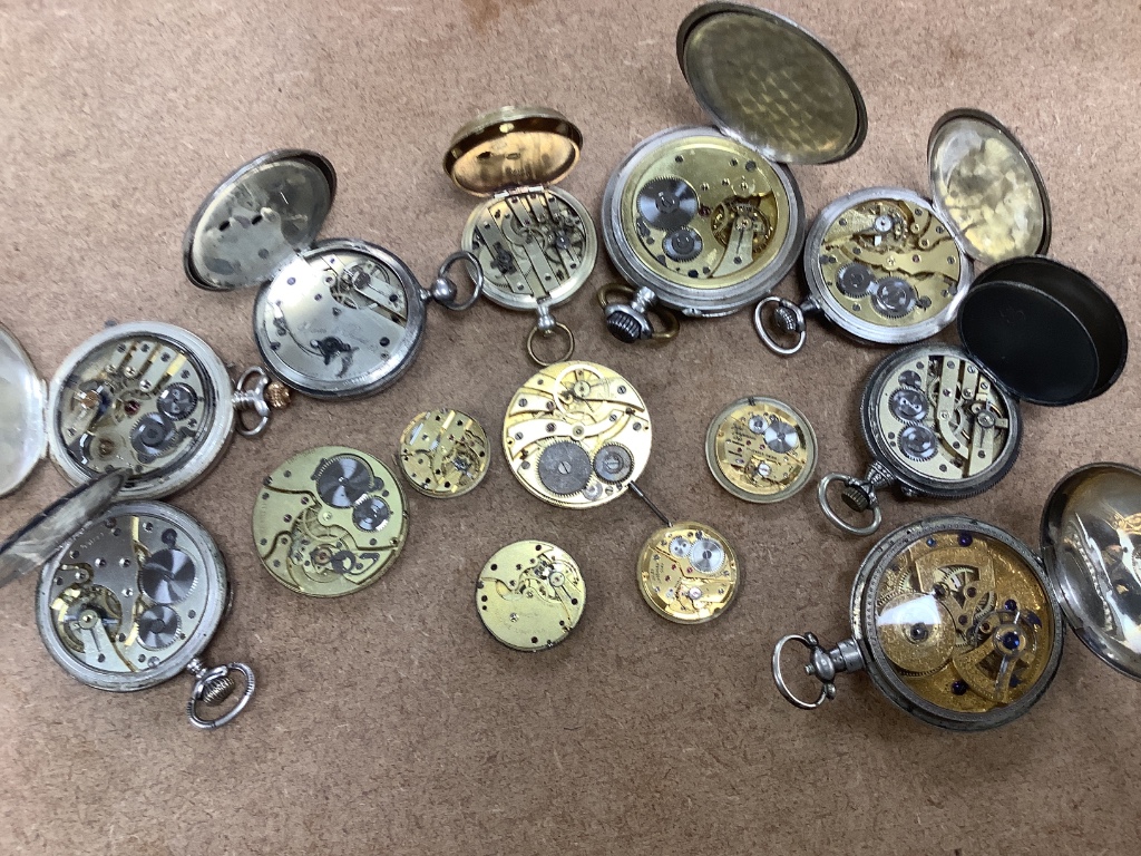 A collection of assorted base metal pocket watches and movements including Zenith & Longines, three Jules Jurgensen wrist watches movements and a similar Vacheron & Constantin movement (mainly a.f.)